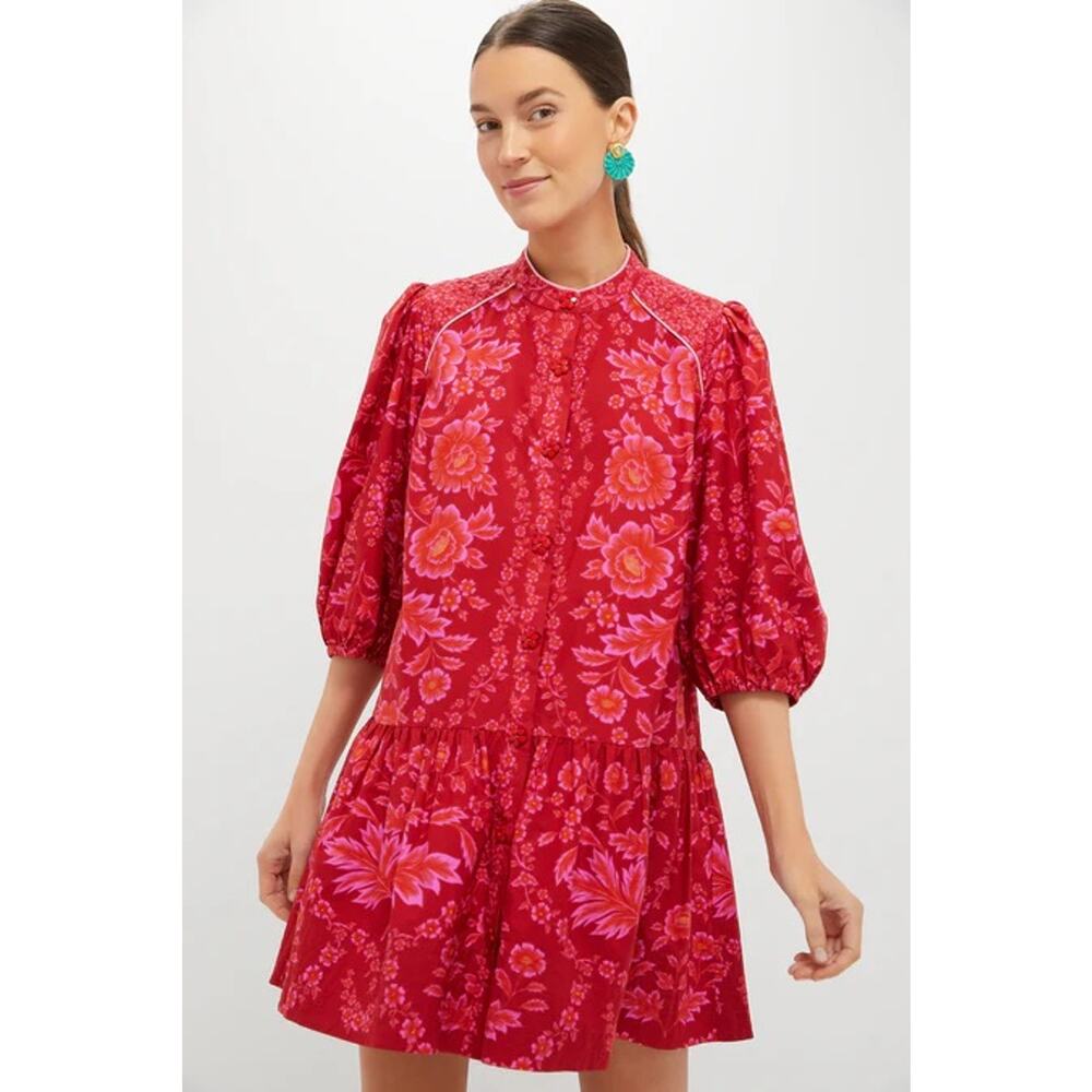 FARM Rio Red and Pink Floral Midi Dress